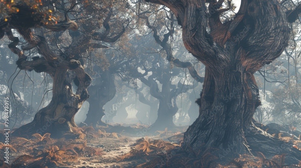 Poster a forest thick with ancient gnarled trees stretches endlessly before them. somehow the trees seem to