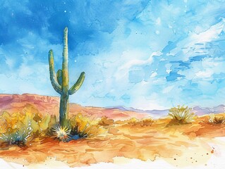 Watercolor hand drawn cactus in the desert, bright pastel colors, serene nature scene, hot and dry atmosphere