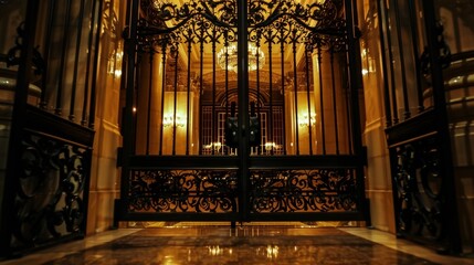 A grand iron gate with intricate designs stands tall, topped by a sparkling chandelier. The gate is...