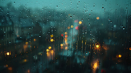 A somber scene of raindrops trailing down a window pane, blurring the view of a gloomy cityscape beyond, conveying a sense of melancholy and introspection through atmospheric lighting