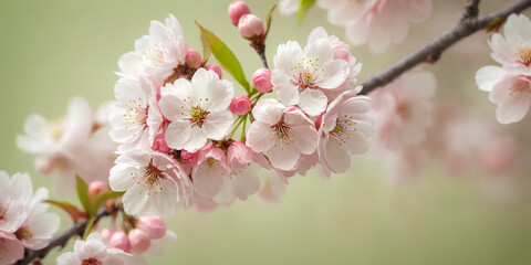 Clusters of pink and white cherry blossoms in full bloom on thin branches
