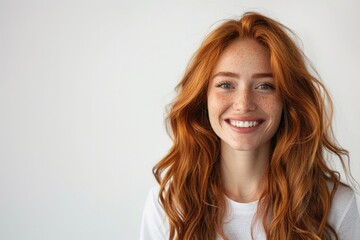 Naklejka premium Closeup of happy attractive young woman with red and long hair. Copy Space. Free Space.