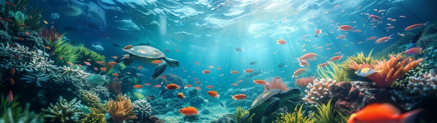 Fototapeta na wymiar Colorful coral reef teeming with fish in the warm waters of the Red Sea, amidst a vibrant underwater ecosystem