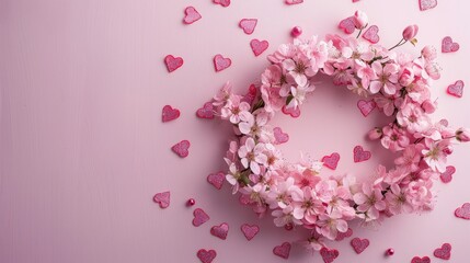 Valentine s Day vibes fill the air with a beautiful wreath crafted from delicate pink flowers set against a backdrop of pastel pink adorned with charming hearts This captivating scene embod