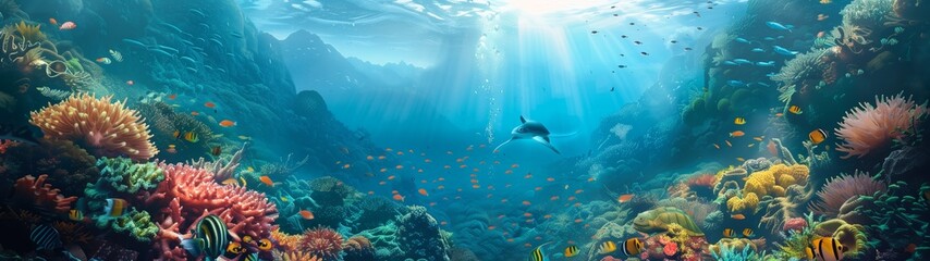 Underwater world with colorful fish, reefs, and clear blue waters under the sun, creating a serene marine environment