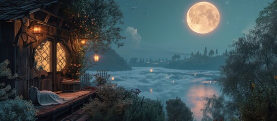Obraz premium Enjoy the serene rooftop view under the full moon with a cozy reading nook and hot tea. Surrounded by lush greenery and a distant lake, it's a tranquil evening. 🌕📚☕🌳 #MoonlitSerene