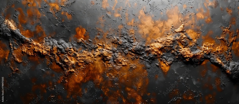 Poster close-up view of a weathered metal surface covered in rust against a dark black background, emphasiz