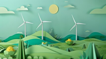 Paper art , renewable energy with green energy as wind turbines , Renewable energy by 2050 Carbon neutral energy , Energy consumption and CO2, Create With Generative Ai hyper realistic  - obrazy, fototapety, plakaty