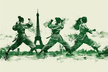 Green watercolor paint of judo athlete in action by eiffel tower