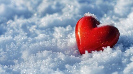 A vibrant red heart lies gracefully amidst the pristine snow