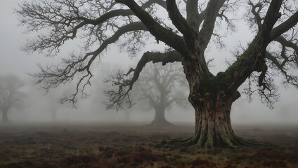 An old oak with a split trunk, looking like a mouth agape, in a desolate, fog-covered landscape ai_generated