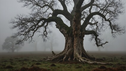 Fototapeta premium An old oak with a split trunk, looking like a mouth agape, in a desolate, fog-covered landscape ai_generated