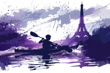 Purple watercolor paint of people falling offered in a kayak by eiffel tower