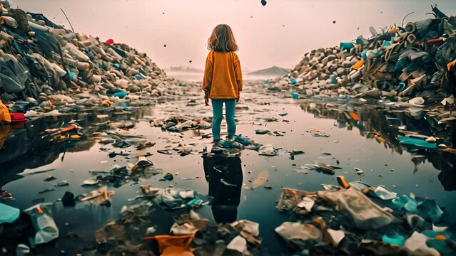 Backside child looking at a lot of plastic waste in the water