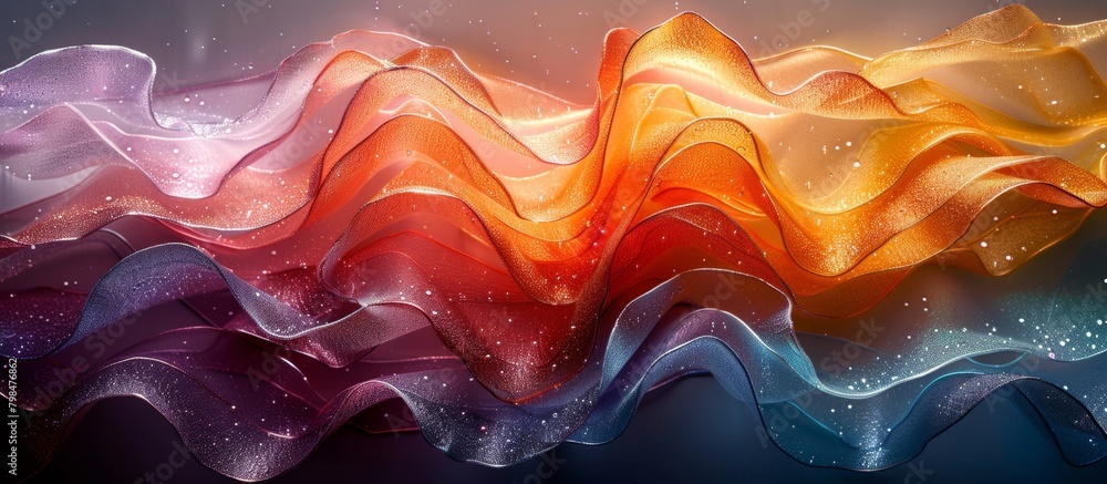 Poster close-up view of a vibrant and multicolored wave of fabric set against a dark black background