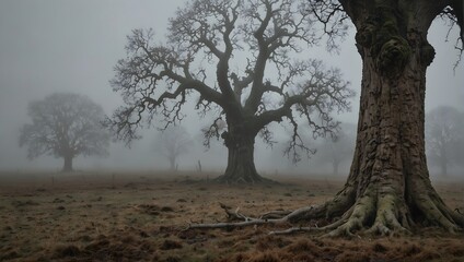An old oak with a split trunk, looking like a mouth agape, in a desolate, fog-covered landscape ai_generated