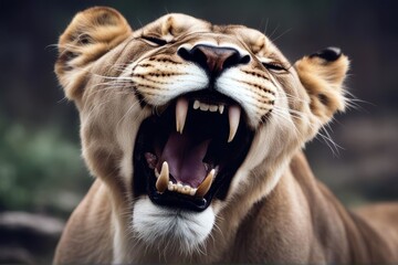 'teeth splaying dangerous lioness lion portrait growl roar open mouth display fierce wide big...