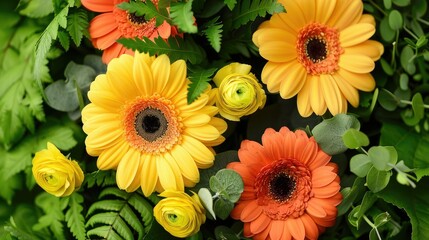 Easter greetings adorned with a vibrant array of yellow gerberas orange roses and blooming plants nestled amidst lush green leaves and grass in a delightful flower bouquet