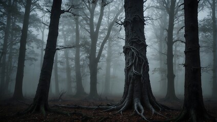 A haunted-looking tree with knots that form eerie, watching eyes, set in a misty, deserted forest ai_generated