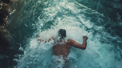 A man is swimming in a body of water, moving his arms and legs to propel himself forward. The water around him ripples as he creates waves while swimming.