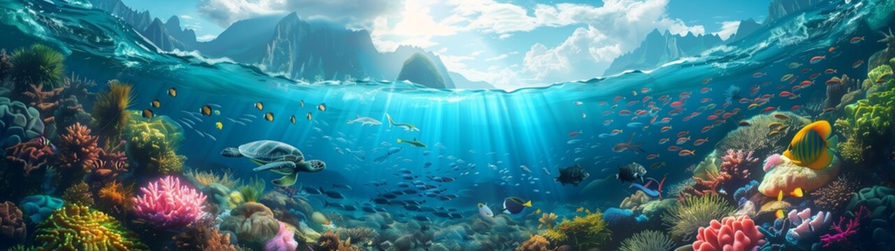 Underwater marine scene with vibrant blue background, coral reefs, schools of fish, and shimmering light spots