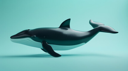 A glossy black humpback whale in an artistic digital representation, set against a soothing turquoise backdrop.