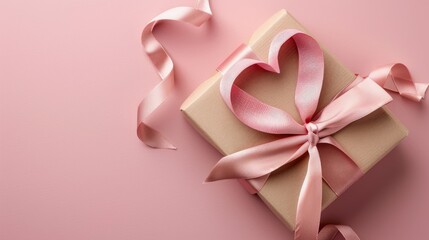 A Valentine s Day composition featuring a heart crafted from a pink ribbon placed on top of a gift box set against a soft pastel pink background