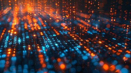 Fototapeta premium Digital data technology background with binary code, closeup view, bokeh effect, blue and orange tones, dark atmosphere. For Design, Background, Cover, Poster, Banner, PPT, KV design, Wallpaper