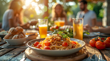 A table full of delicious Italian pasta with a happy family