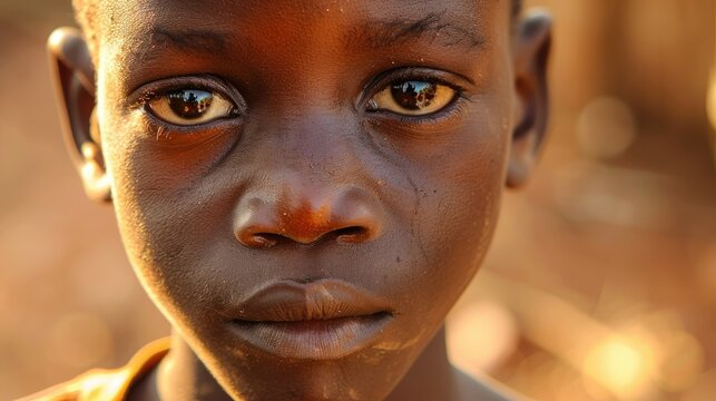 A striking close up portrait captures the essence of a young African boy outdoors evoking the stark reality of child labor and the resilience of working children
