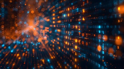 Fototapeta premium Digital data technology background with binary code, closeup view, bokeh effect, blue and orange tones, dark atmosphere. For Design, Background, Cover, Poster, Banner, PPT, KV design, Wallpaper