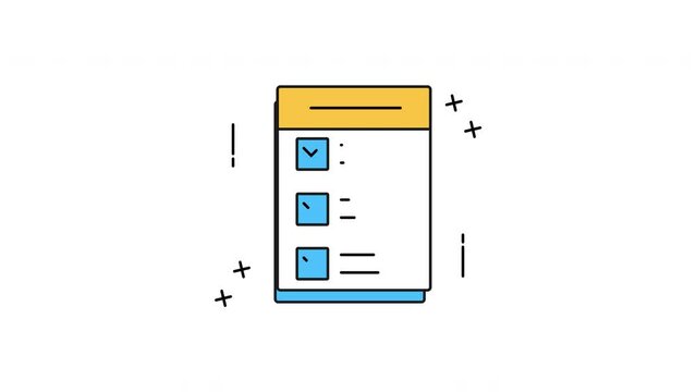Animated Document Blue and yellow checklist with cross mark. Suitable for project management, task completion, organization concepts in presentations, articles, and designs.