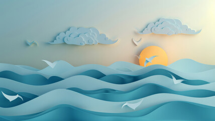 Fototapeta premium Artistic paper art illustration of a stylized blue sea with layered waves, white paper clouds, and a warm glowing sun.