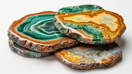 A set of geode coasters crafted with unique swirling patterns in shades of ayst jade and amber..