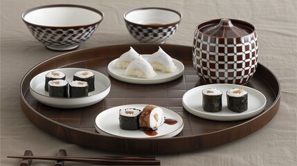 Obraz na płótnie Canvas Japanese arrangement of cups, plates, and food