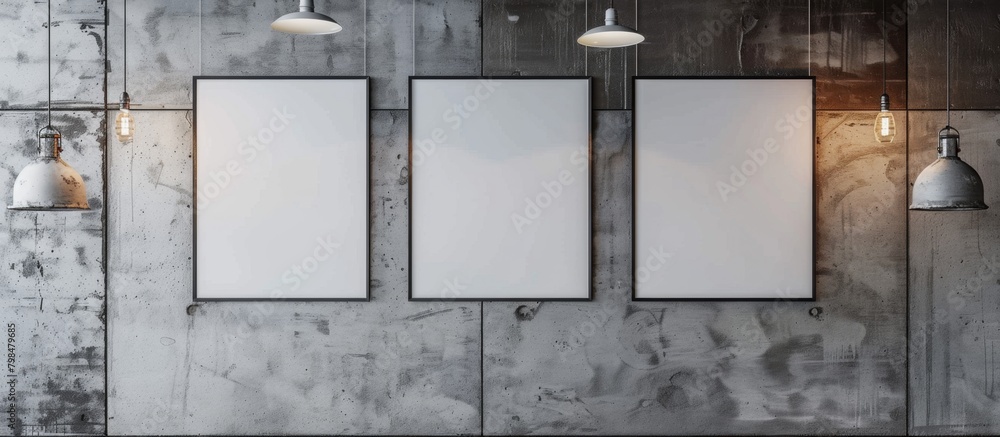 Poster three identical blank frames are hanging on a white wall in a room, creating a simple and modern dec
