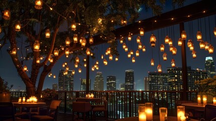 A chic rooftop bar illuminated by suspended candles adding a touch of whimsy to the urban cityscape. 2d flat cartoon.