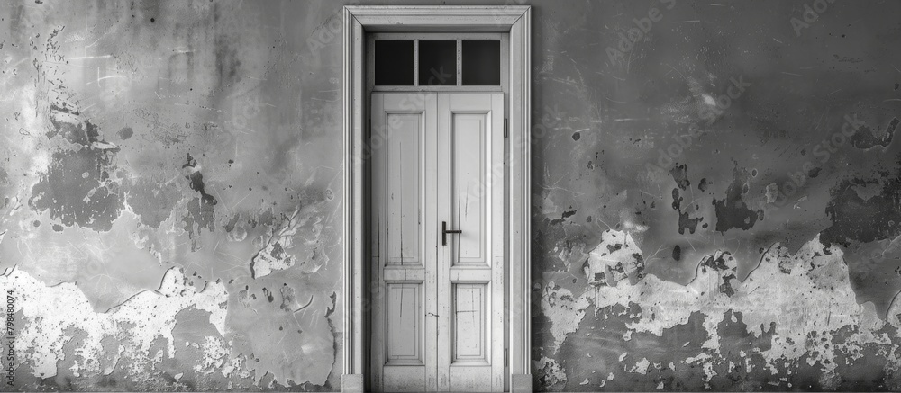 Poster a close up of a wooden door set in a brick wall with a small square window, creating an architectura