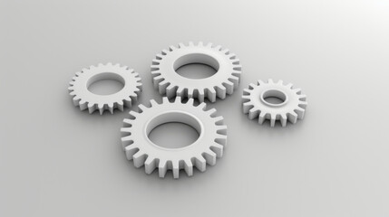 A composition of white mechanical gears lying on a neutral background, symbolizing teamwork and mechanics.