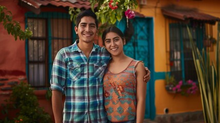 Vibrant Latin American Couple Near Colorful Home. Generative AI.
