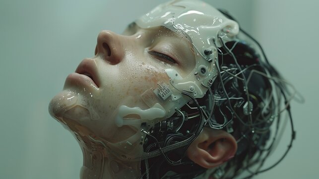 Intimate portrayal of human-machine symbiosis, illustrating the promise and perils of a brain-connected world, with a focus on lifelike textures and tone