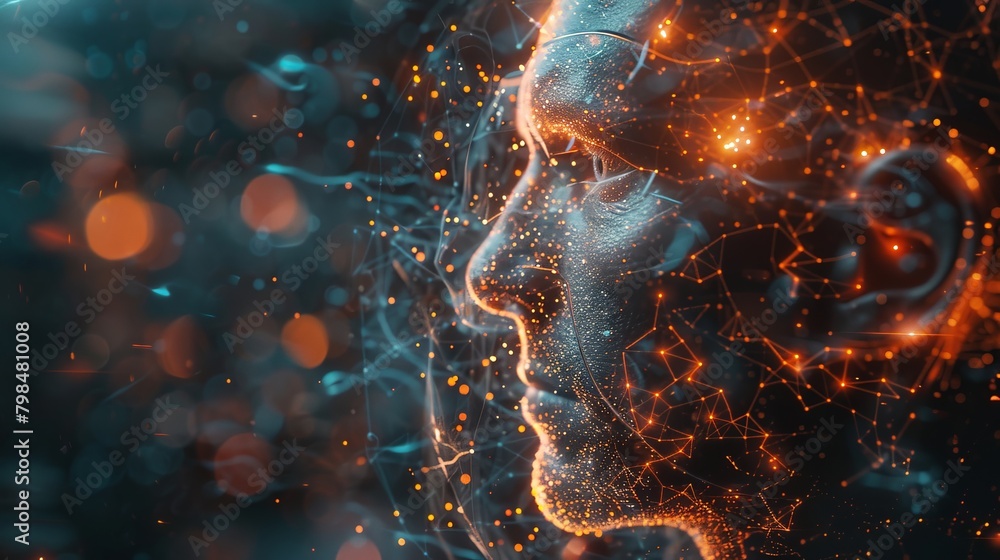 Poster a compelling shot of a scientist experiencing a brain-computer interface, exploring new realms of ai