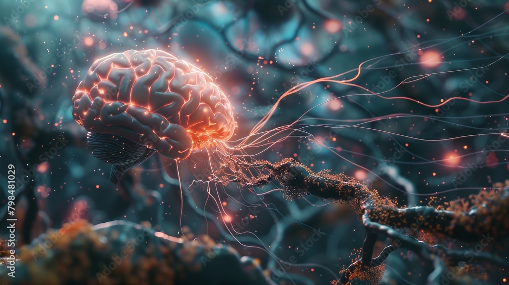 Poster captivating depiction of a neural connection between a human brain and a computer, illustrating seam