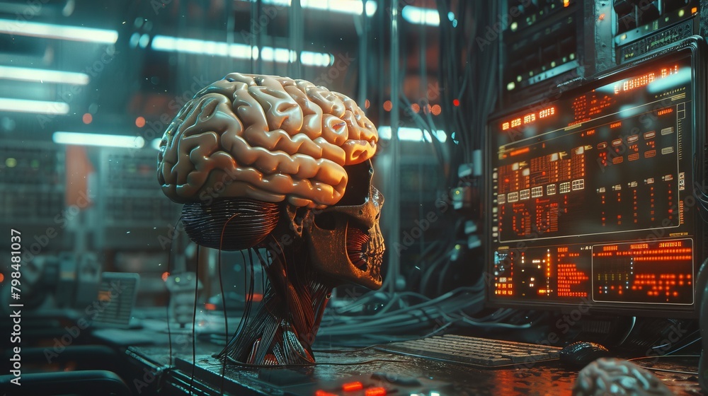 Poster captivating depiction of a neural connection between a human brain and a computer, illustrating seam