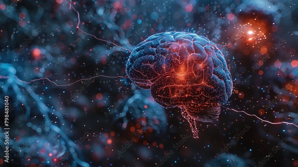 Poster captivating depiction of a neural connection between a human brain and a computer, illustrating seam