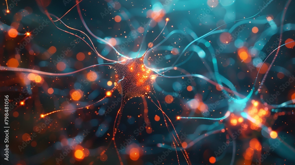 Poster neural network interfaces merging in high-tech lab, highlighting risks and rewards in brain communic