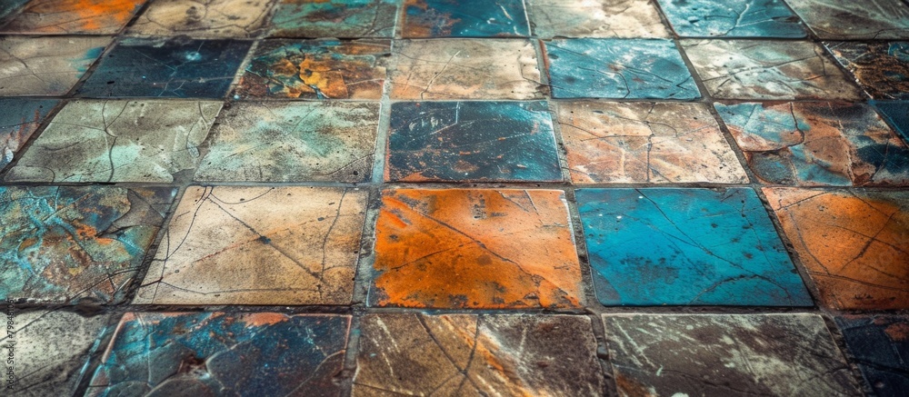 Aufkleber detailed view of a floor covered with ceramic tiles featuring an intricate pattern in shades of blue