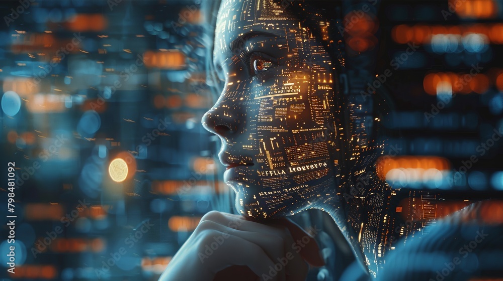 Poster close-up of a philosopher contemplating artificial intelligence ethics, set against a backdrop of bo