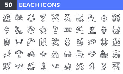 Beach and summer vector line icon set. Contain linear outline icons like holiday, sea, island, wave, ocean, cocktail, bikini, travel, sunglasses, sun, leisure, sand, dolphin. Editable use and stroke.