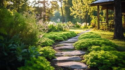Naklejka premium Landscape of concrete road with green plants and colorful flowers in the garden.AI generated image